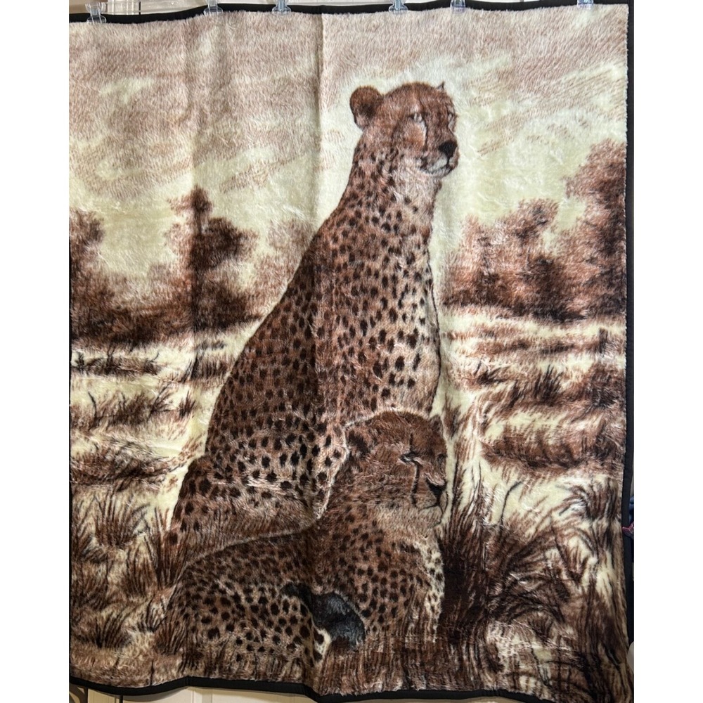 Vintage Biederlack Fleece Blanket Cheetahs Wildlife 50 x‎ 58 Made USA Excellent